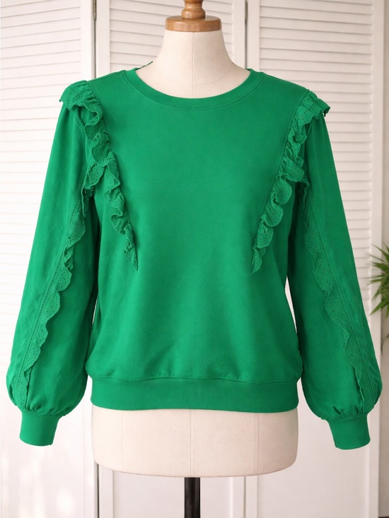 Calligraphie Tops - Calligraphie Green Ruffle-Trim Pullover Sweatshirt
